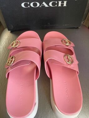 Coach Pink Dual-Strap Slide Sandals with Gold-Tone Logo Buckles size 10